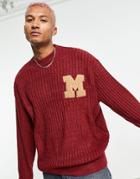 Mennace Oversized Knitted Sweater In Burgundy With Varsity Badge-red
