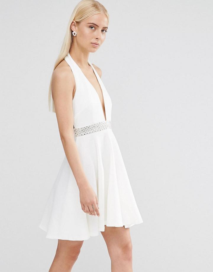 Club L Scuba Rhinestone Trim Halter Prom Dress - White