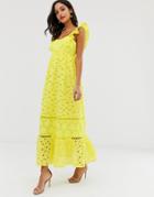 Asos Design Square Neck Trapeze Broderie Maxi Dress-yellow