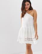 Asos Design Halter Neck Drop Waist Mini Sundress With Lace Trim-white