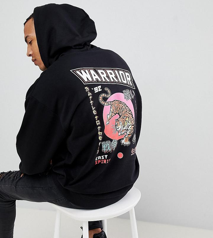 Asos Design Tall Oversized Hoodie With Tiger Back Print - Black