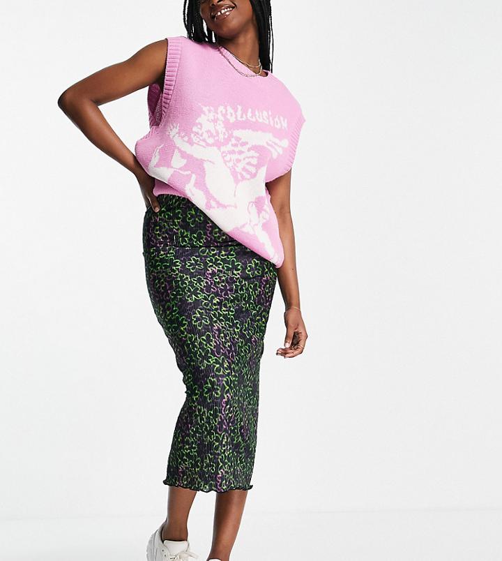 Collusion Daisy Print Plisse Midi Skirt In Multi