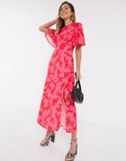 Style Cheat Flutter Sleeve Midaxi Dress In Contrast Red Floral-multi