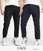 Topman Recycled Fabric 2 Pack Smart Pants With Elastic Waistband In Black And Navy-multi