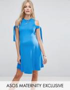 Asos Maternity Swing Dress With Seam Detail Hem And Tie Sleeve - Blue