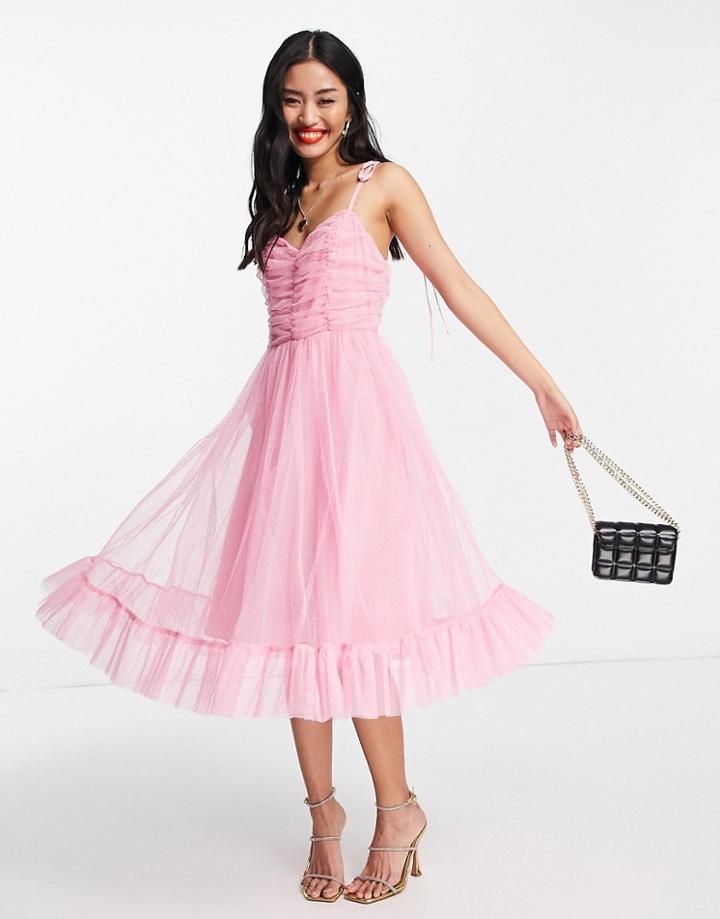 Collective The Label Exclusive Tie Shoulder Ruched Body Midi Dress In Glitter Pink