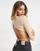 Asos Design Top With Open Back And High Neck In Stone-neutral