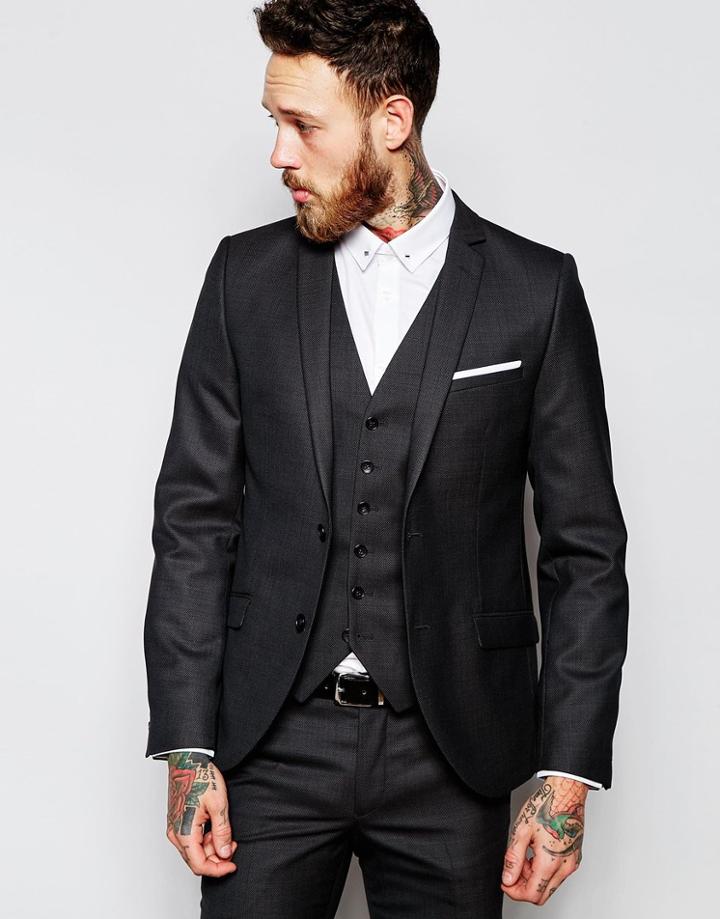 Heart & Dagger Suit Jacket In Birdseye Fabric In Skinny Fit - Charcoal