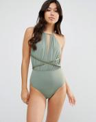 Asos Faux Leather Trim Plunge Swimsuit - Green