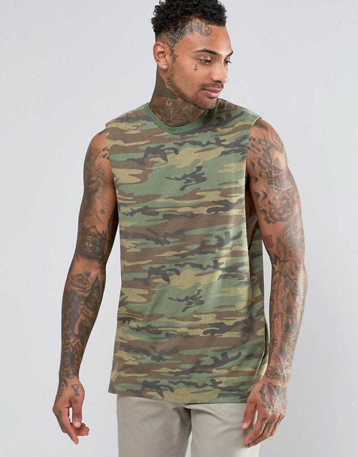 Asos Longline Sleeveless T-shirt With Camo And Dropped Armhole - Khaki