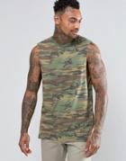 Asos Longline Sleeveless T-shirt With Camo And Dropped Armhole - Khaki