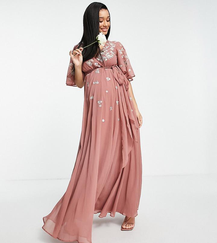 Asos Design Bridesmaid Maternity Flutter Sleeve Wrap Waist Maxi Dress With Tonal Floral Embroidery-pink