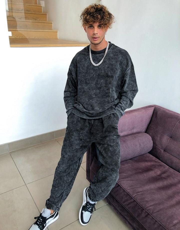 Asos Design Oversized Sweatshirt In Black Acid Wash - Part Of A Set