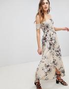 Brave Soul Eugene Bardot Shirred Maxi Dress In Floral Print - Cream