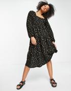 Asos Design Long Sleeve Square Neck Tiered Midi Dress In Black And Yellow Floral