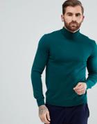 Asos Muscle Fit Merino Roll Neck Sweater In Bottle Green - Green