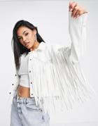 Missguided Crop Western Trucker Jacket With Fringe Detail In White Faux Leather