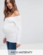 Asos Maternity Off Shoulder V Front Top In Rib - White