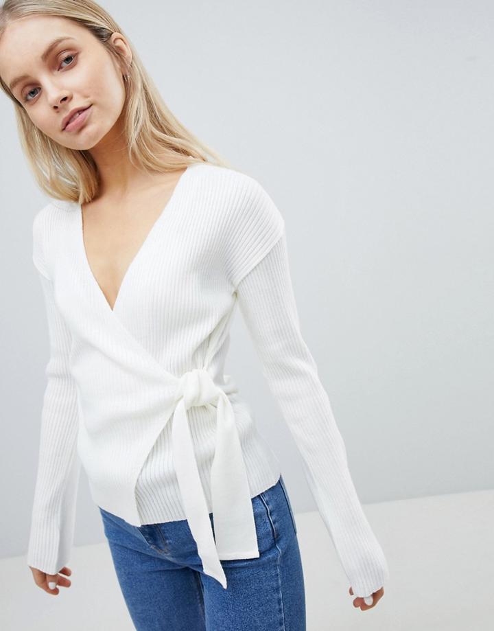 Asos Design Wrap Sweater In Rib - Cream
