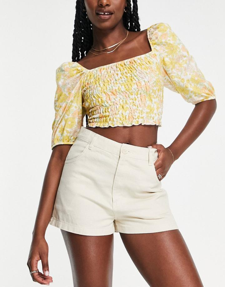 Monki High Waist Denim Shorts In Stone-neutral