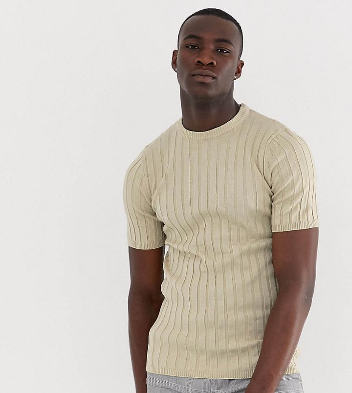 Asos Design Tall Knitted Ribbed T-shirt In Beige