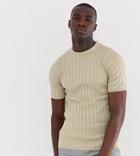 Asos Design Tall Knitted Ribbed T-shirt In Beige
