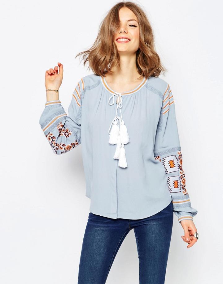 Asos Ultimate Embroidered Peasant Blouse In Chambray - Blue