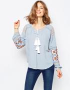 Asos Ultimate Embroidered Peasant Blouse In Chambray - Blue