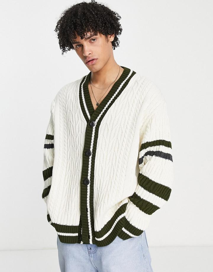 Asos Design Knitted Cable Cardigan With Collegiate Stripes-white