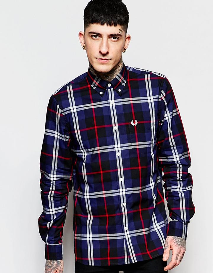 Fred Perry Shirt With Mod Check In Slim Fit - French Navy