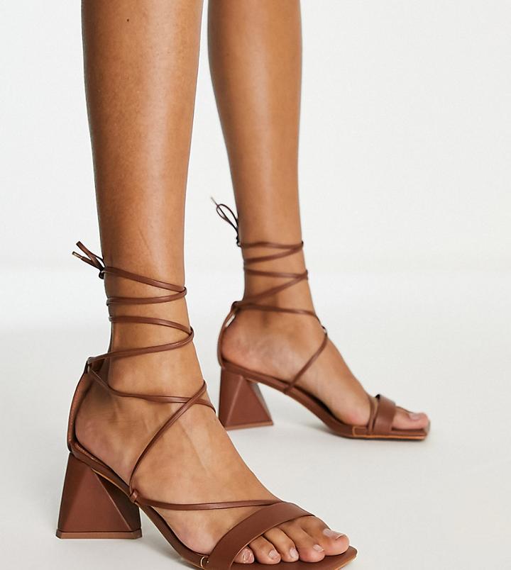 Asos Design Wide Fit Hilani Tie Leg Block Heeled Mid Sandals In Tan-brown