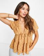 Asos Design V Neck Smock Top In Texture In Tan-brown