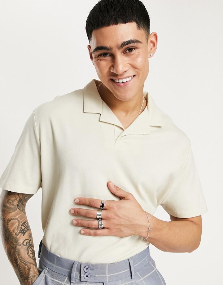 Asos Design Relaxed Pique Revere Polo In Beige-neutral