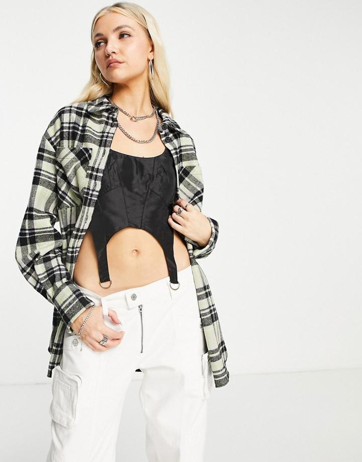 Topshop Brushed Check Oversized Shirt In Lime - Part Of A Set-green