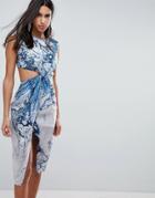 Asos Twist Front Midi Pencil Dress In Abstract Print-multi