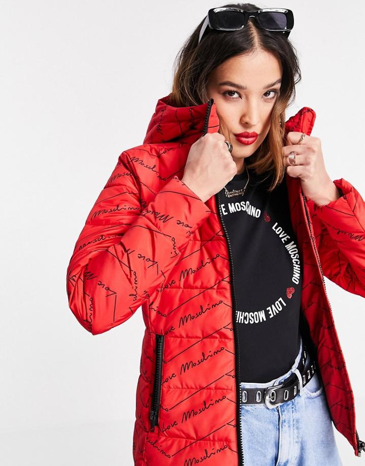 Love Moschino Allover Logo Hooded Padded Jacket In Red