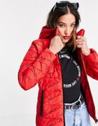 Love Moschino Allover Logo Hooded Padded Jacket In Red