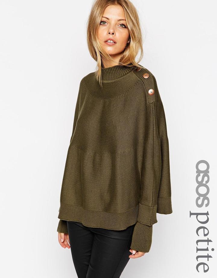 Asos Petite Cape With Button Detail - Khaki