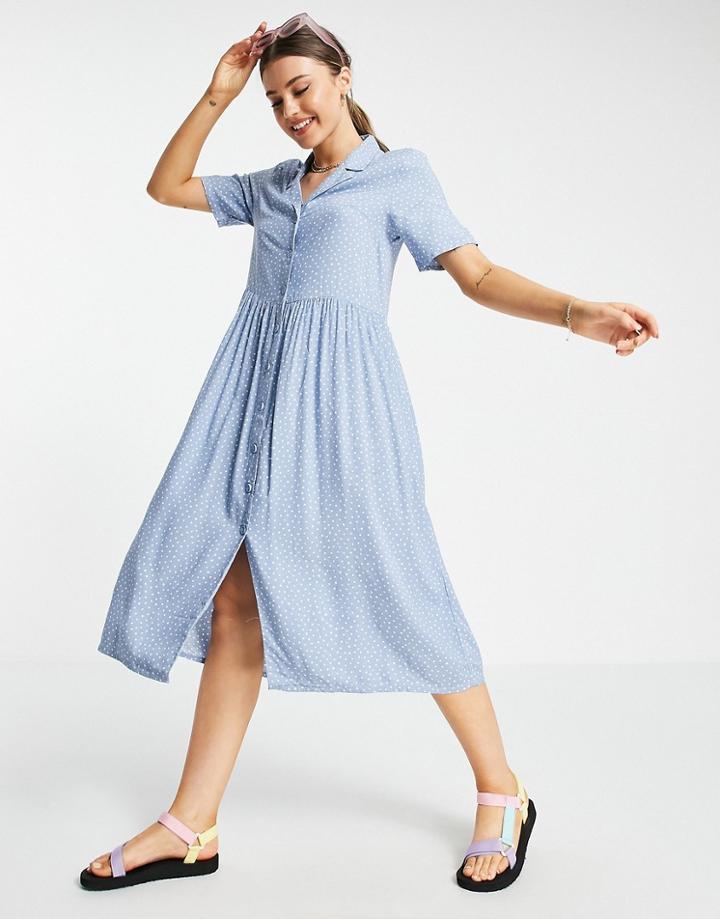Monki Mattan Ecovero Midi Shirt Dress In Blue Dot Print-blues
