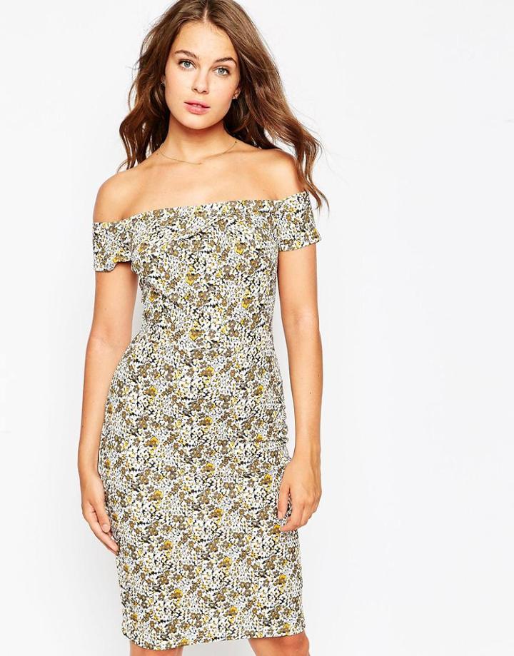 Love Off Shoulder Midi Dress In Ditsy Floral - Khaki Ditsy