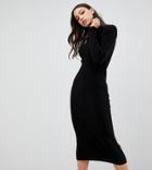 Asos Design Tall High Neck Rib Midi Dress-black