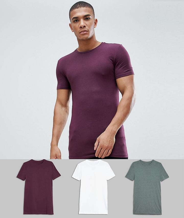 Asos Design Longline Muscle Fit T-shirt With Crew Neck And Stretch 3 Pack Multipack Saving - Multi
