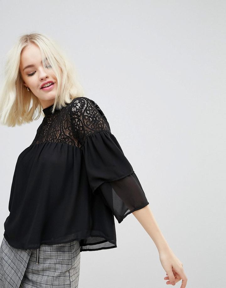 Hazel Long Sleeved Lace Yolk Blouse - Black