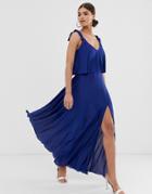 Asos Design Tie Shoulder Pleated Crop Top Maxi Dress-navy