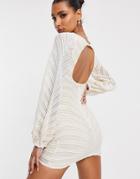 Club L London Striped Sequin Gathered Sleeve Mini Dress In Ivory-white