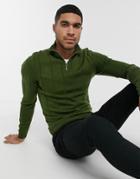 Asos Design Knit Wide Rib Half Zip Sweater In Khaki-green