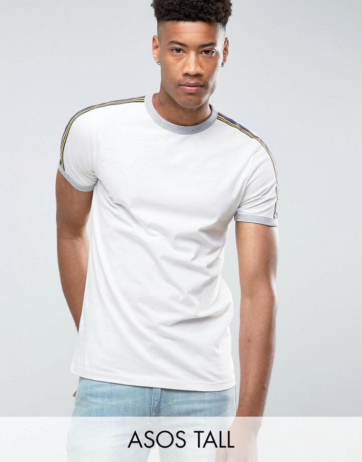 Asos Tall T-shirt With Retro Rainbow Shoulder Taping In Ecru - White