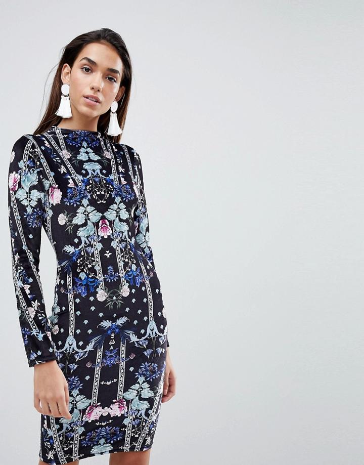 Lipsy Bodycon Dress In Velvet Print - Multi
