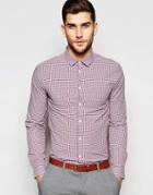 Asos Skinny Shirt In Mini Burgundy Gingham Check With Long Sleeves - Burgundy