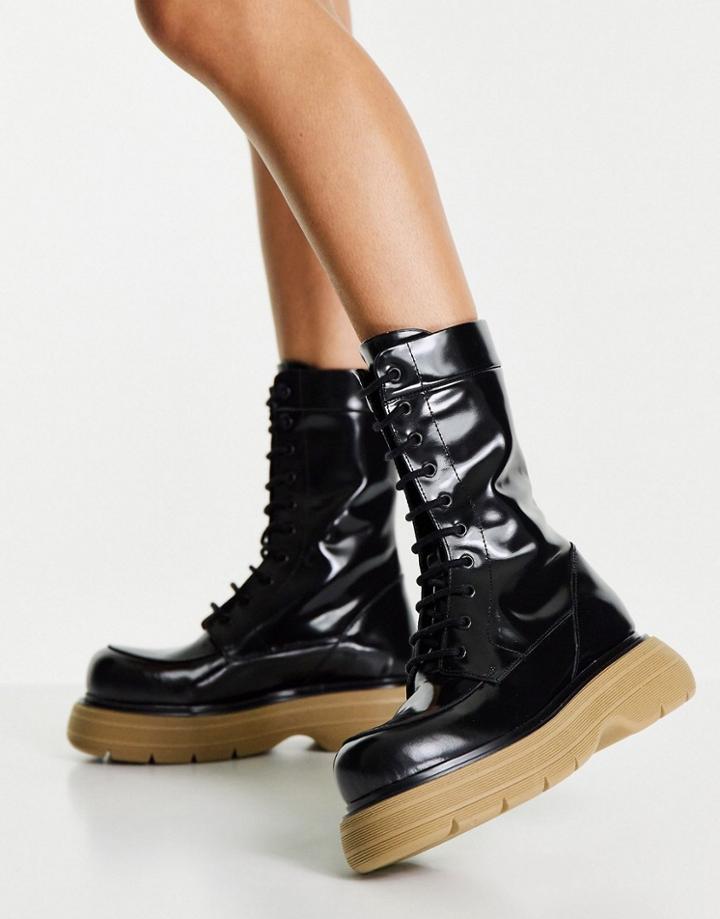Asos Design Alicia Premium Leather Chunky Lace Up Boots In Black With Beige Sole